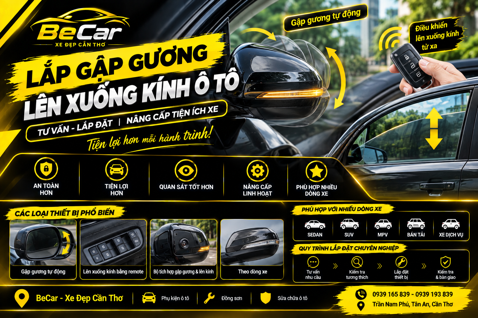 Lắp gập gương tự động và lên xuống kính ô tô Cần Thơ tại BeCar
