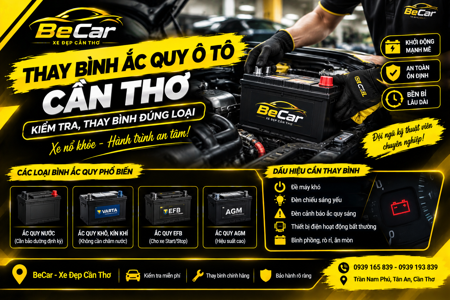 Kiểm tra và thay bình ắc quy ô tô Cần Thơ tại BeCar