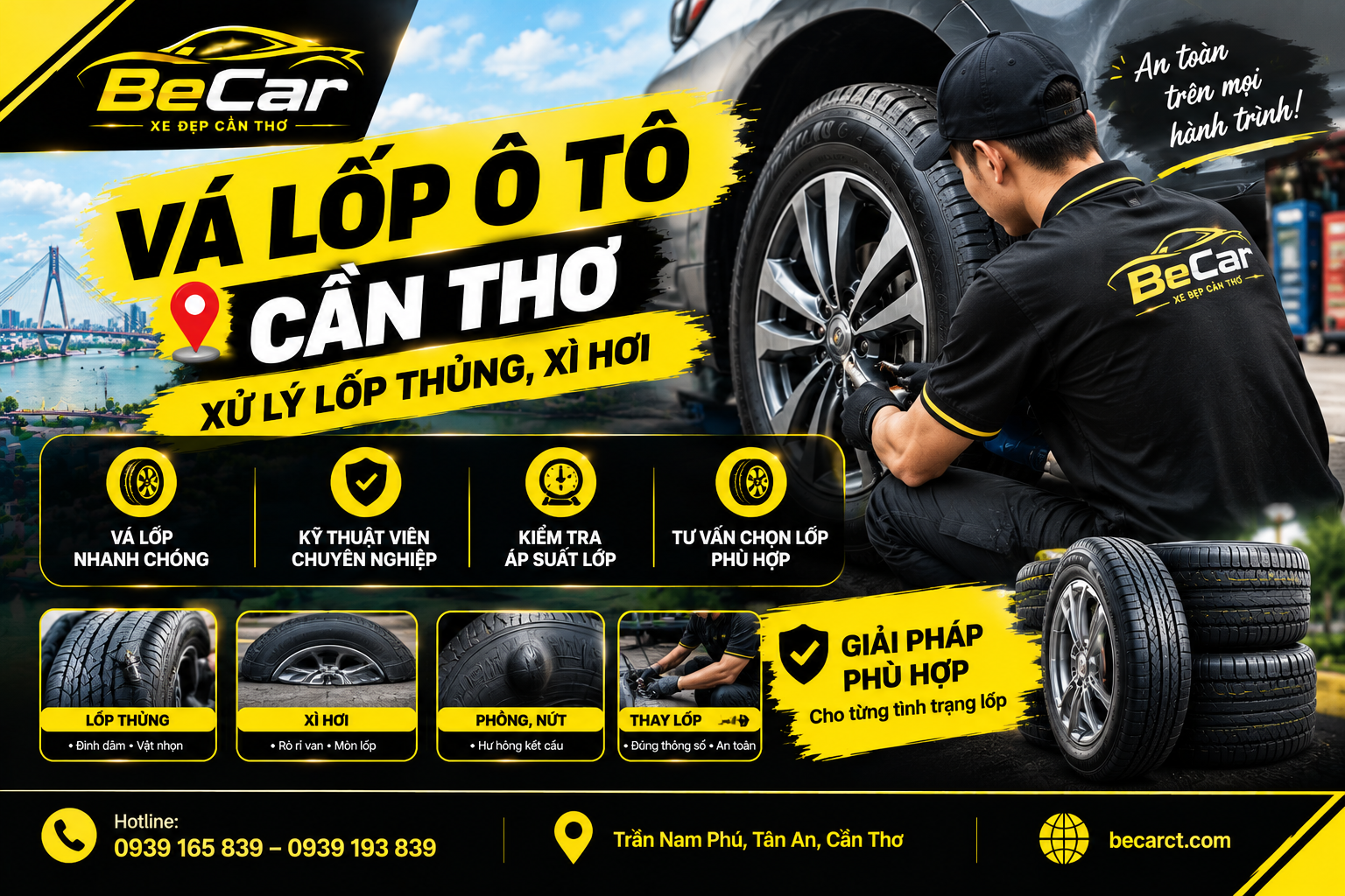 Vá lốp ô tô Cần Thơ – kiểm tra và xử lý lốp xe bị thủng